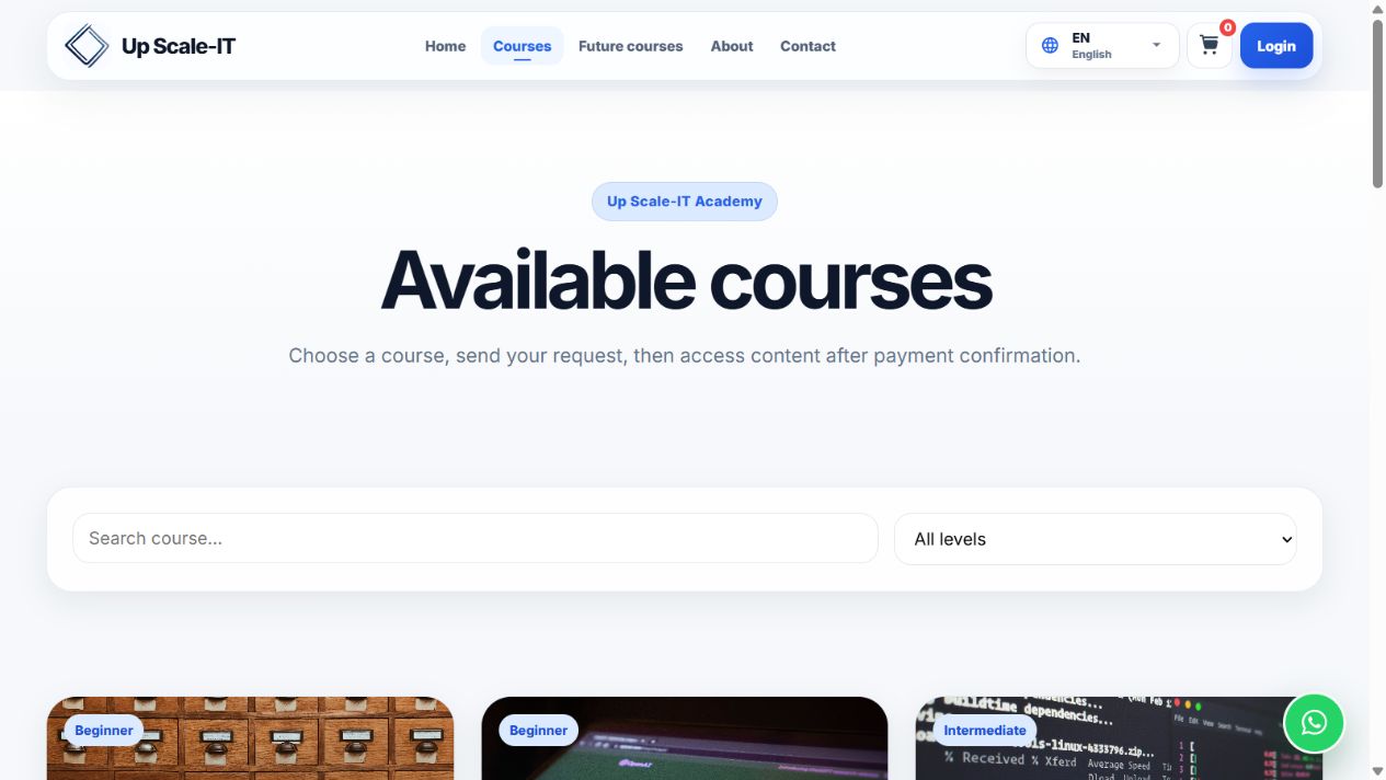 Catalogue Up-Scale IT avec recherche et filtre par niveau de formation