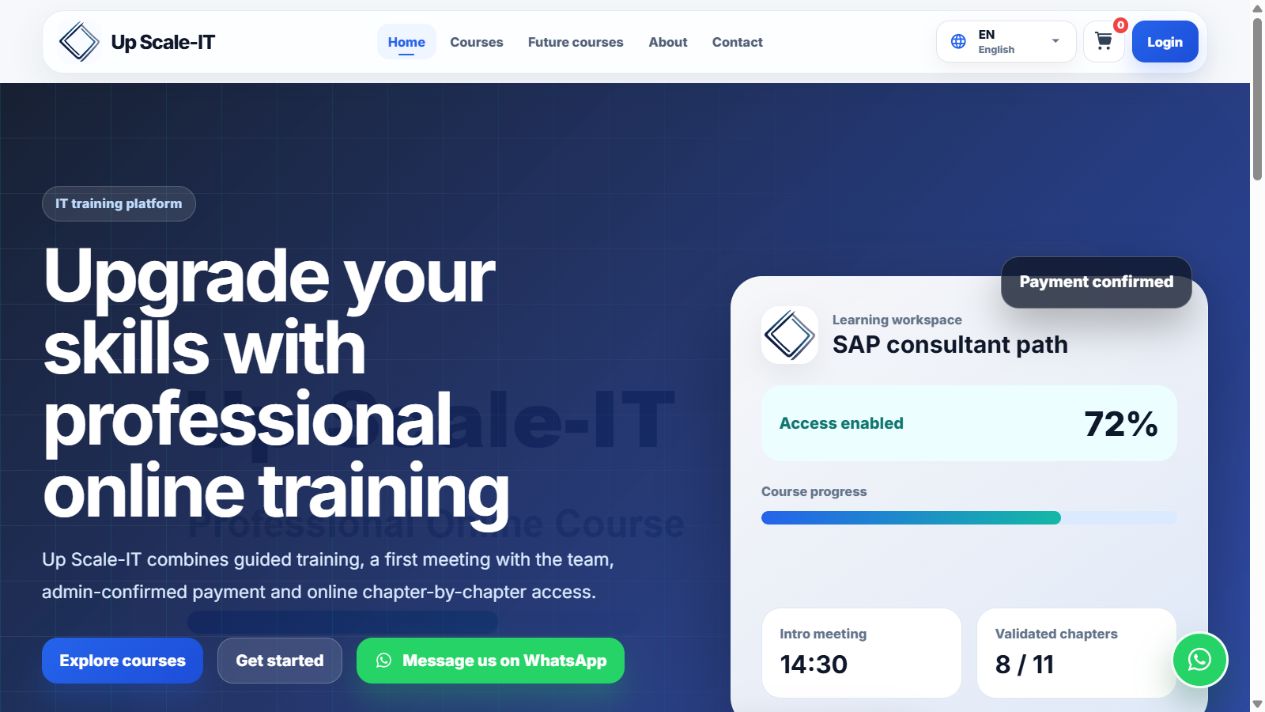 Page d’accueil Up-Scale IT présentant les formations professionnelles et le parcours apprenant